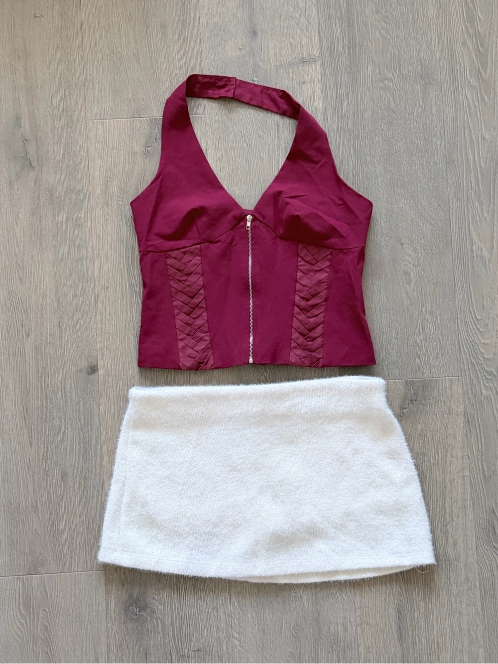 Women's Halter Crop Top and Mini Skirt Set - Burgundy Top & White Skirt